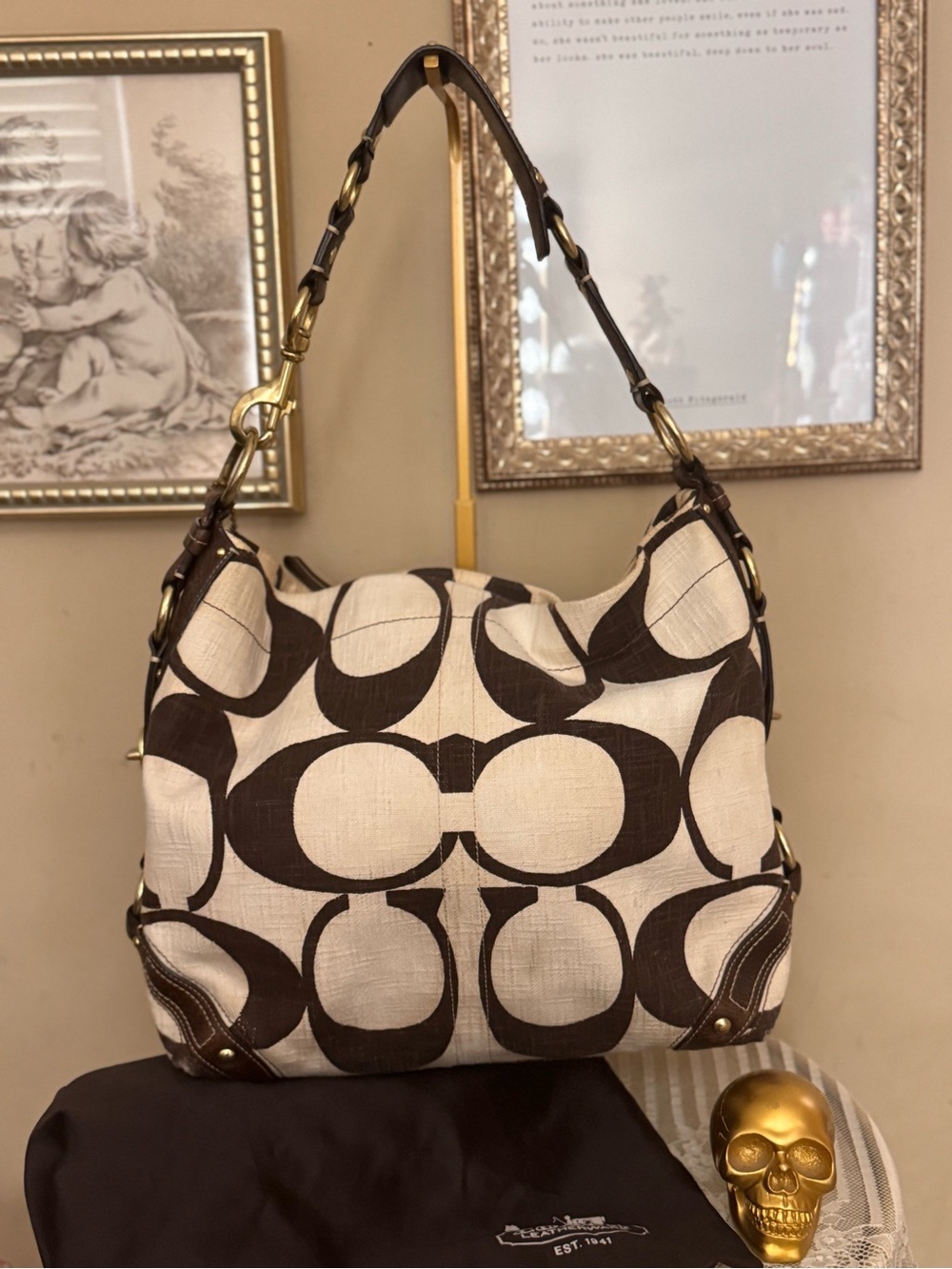 Coach Carly Cream & Brown linen large - Picture 2 of 8